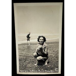 Rialto Beach Mora WA RPPC Postcard Vintage Woman with Baby Seal Snapshot